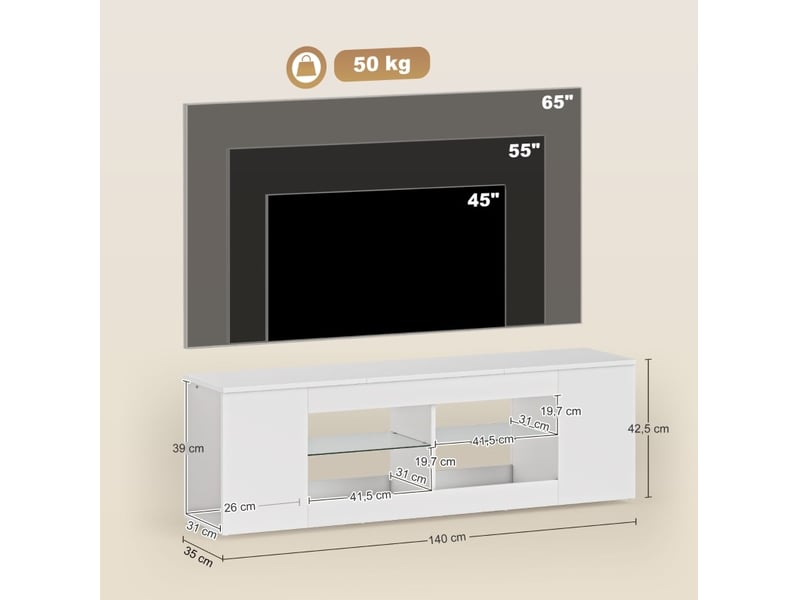  Meuble tv avec 6 niches ouvertes et 2 étagères en verre pour salon en panneaux de particules blanc 140 × 35 × 42,5 cm  - Conforama C