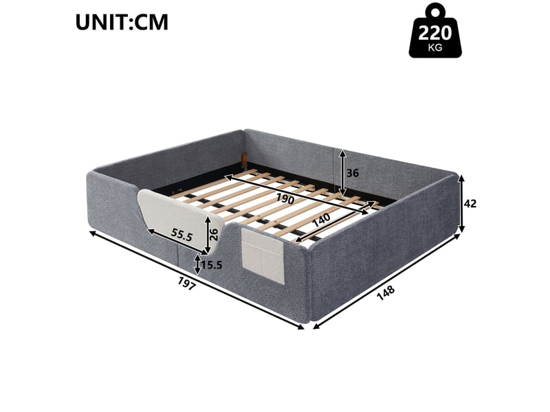  Lit enfant rembourré 140x190 cm avec barrières amovibles gris  - Conforama C