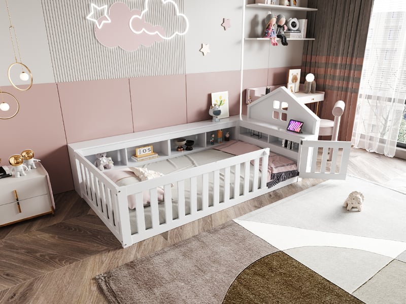  Lit enfant avec rangement 90x200 cm, barrière de sécurité, bois massif blanc, avec sommier  - Conforama W