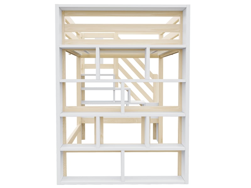  Lit mezzanine enfant 90x200 cm blanc et naturel bois, rangements, escalier et éclairage led intégré  - Conforama E
