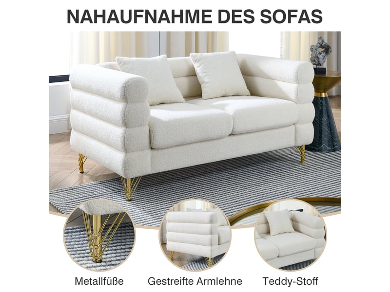  Canapé 3 places style nuage en tissu teddy blanc, dossier ondulé, accoudoirs courbes, pieds métal doré, coussins décoratifs et assise à ressorts  - Conforama E