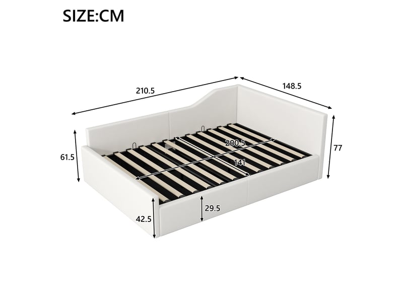  Lit coffre 140x200 cm, avec lit enfant et double, tête de lit, espace de rangement, lin et mdf, beige, sans matelas  - Conforama C
