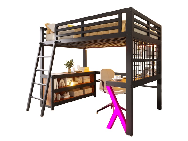  Lit mezzanine 140x200 cm, bureau, bandeau led, armoire de rangement, sans matelas, noir  - Conforama A