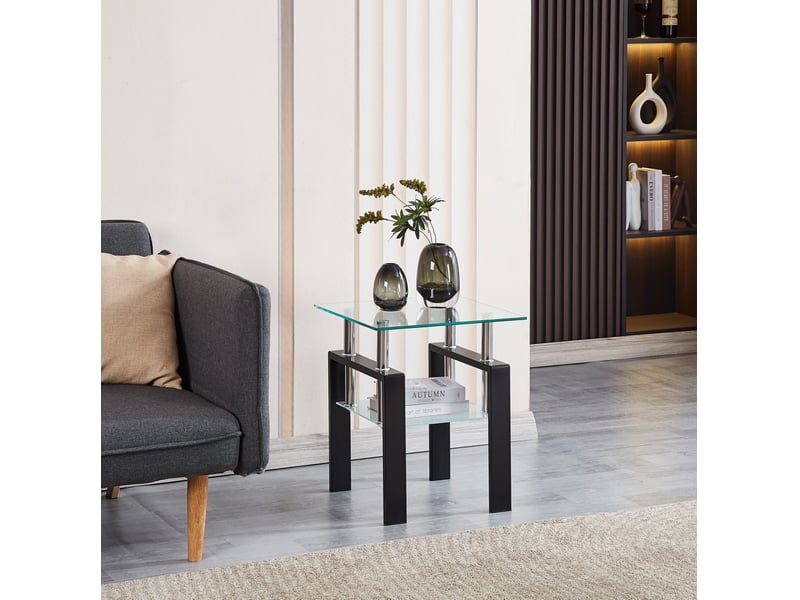  Lot de 2 tables d'appoint carrées 45 x 45 x 52 cm – transparent et noir – double plateau en verre trempé  - Conforama C