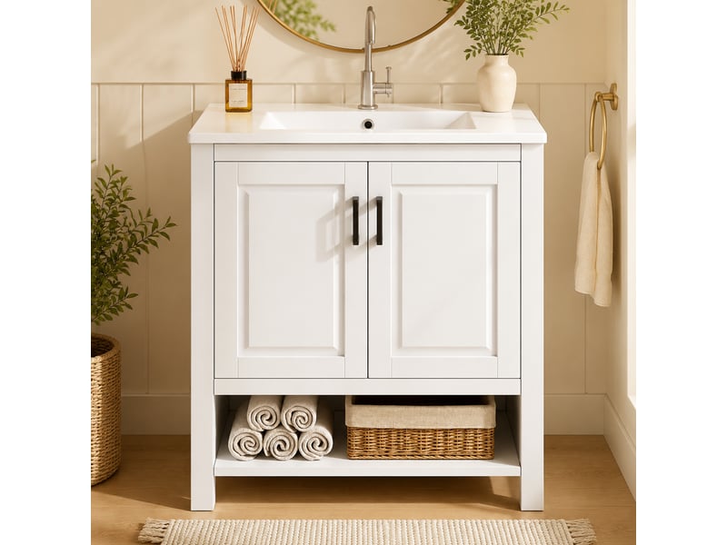 Meuble vasque salle de bain blanc 76,5 cm avec lavabo céramique intégré, portes et étagères ouvertes - Conforama B