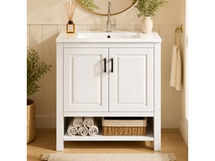 Meuble vasque salle de bain blanc 76,5 cm avec lavabo céramique intégré, portes et étagères ouvertes