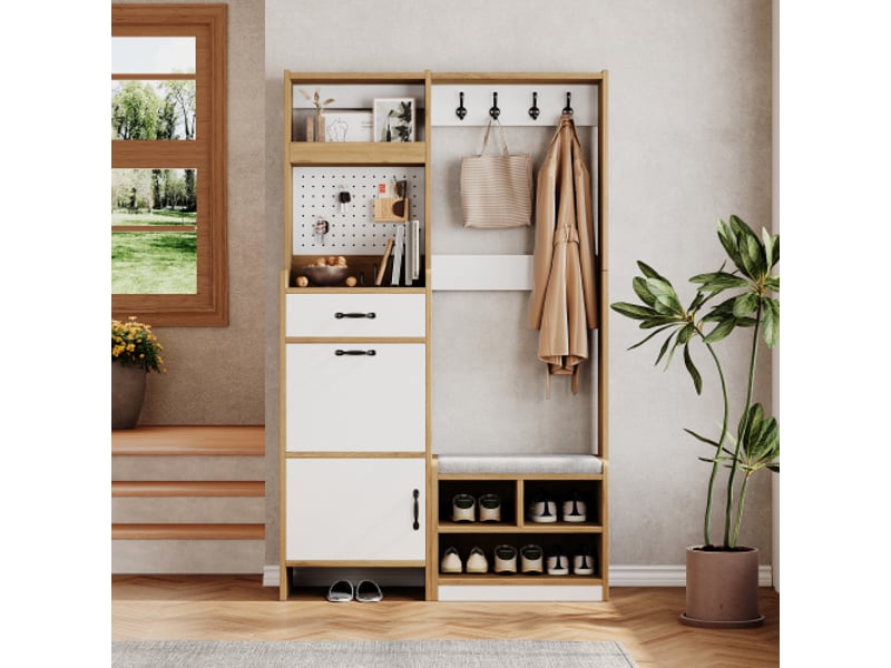  Armoire d'entrée moderne avec banc – rangement, crochets, tiroir et espace ouvert, chêne blanc, 108,5×35×180 cm  - Conforama E