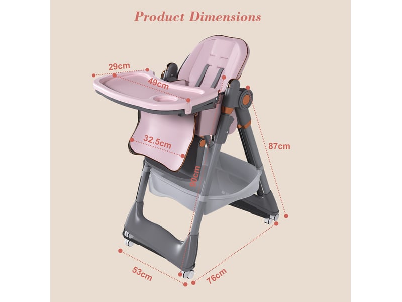  Chaise haute bébé pliable réglable avec plateau amovible, harnais 5 points et roulettes verrouillables en polypropylène rose  - Conforama D