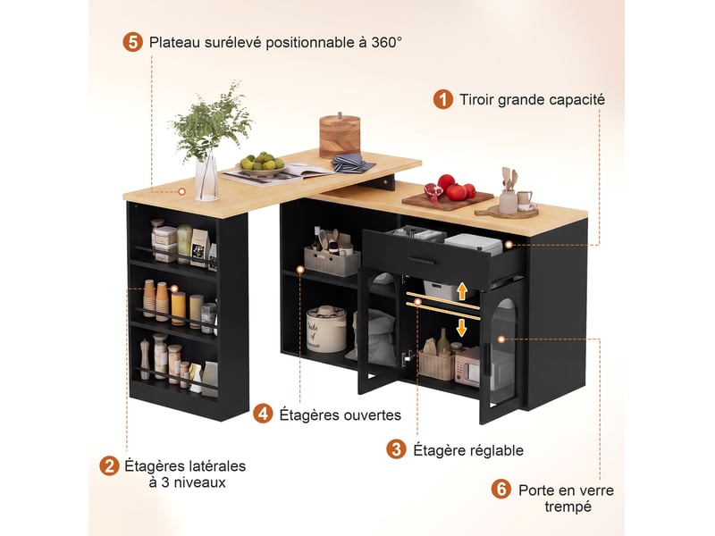 Desserte de cuisine pivotante à 360° avec 1 tiroir et étagères, pour cuisine et salle à manger, 136 × 50 × 78 cm - Conforama E