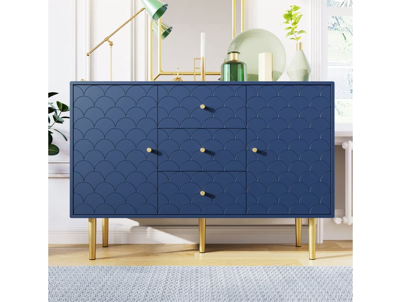 Buffet bas 2 portes et 3 tiroirs bleu marine, avec étagère réglable, 120 x 40 x 83 cm - Conforama D