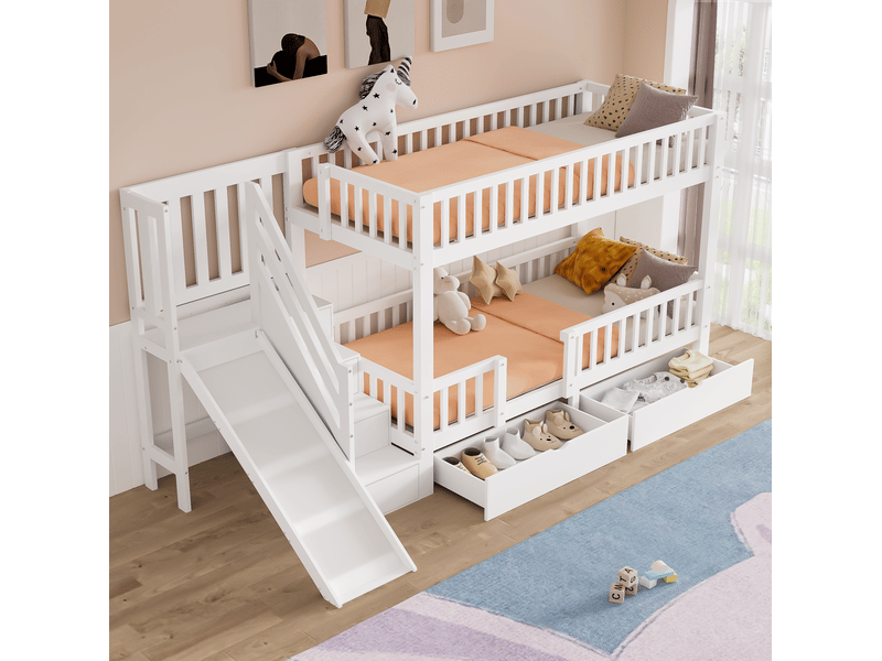  Lit superposé enfant 90x200 cm avec toboggan, escalier et 2 tiroirs, blanc  - Conforama D