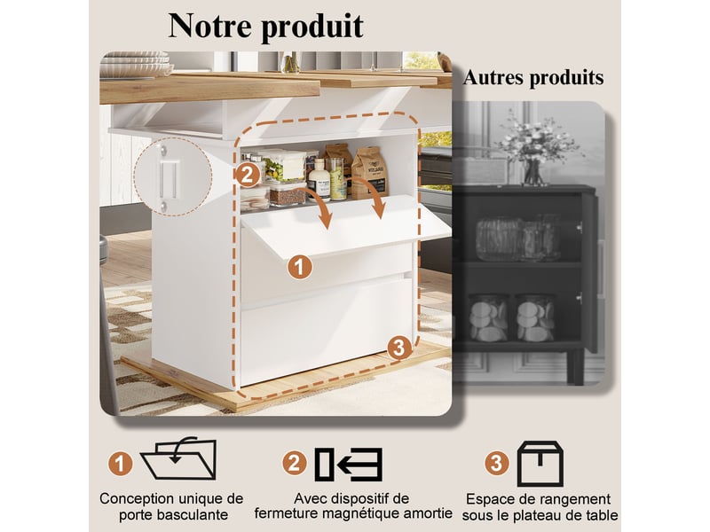 Table à manger extensible natural,white, rangement, pliable, étagères réglables, fermeture douce, solide - mdf - 110-140x80cm - Conforama D