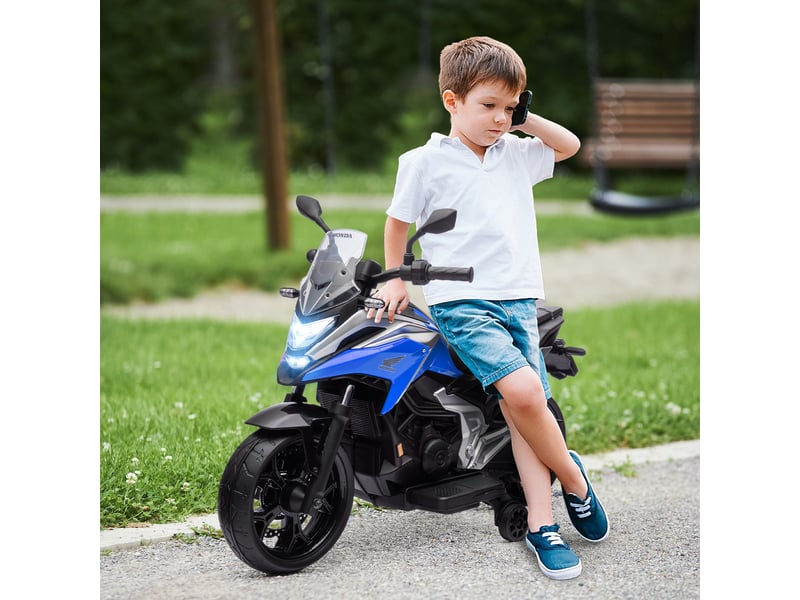 Moto électrique pour enfants de 3 à 6 ans, permis honda, double moteur 12 v, roues, 3 kmh, poids max. 30 kg, bleue - Conforama C