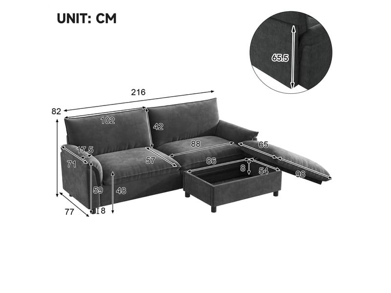  Canapé modulaire 3 places gris, tissu chenille canapé d'angle, assise profonde avec pouf coffre rangement pour salon &amp; espace détente  - Conforama C