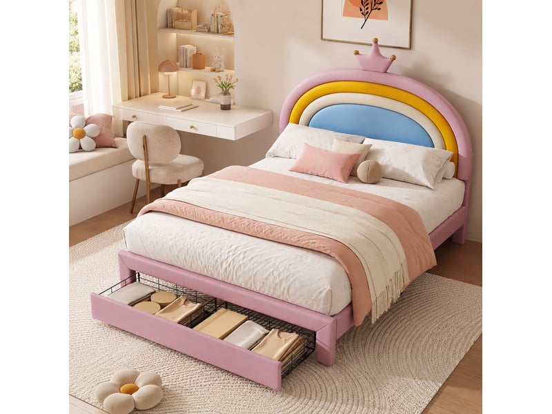  Lit avec rangement enfant 140x200 cm rose avec tiroir et tête de lit réglable  - Conforama E