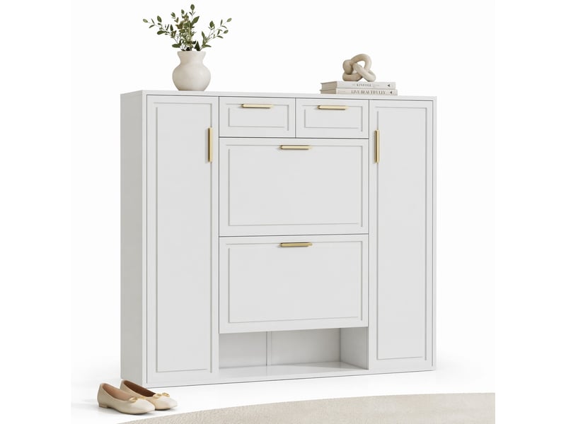  Meuble à chaussures blanc – 2 tiroirs, étagères réglables et portes abattantes – 120 x 24 x 107 cm  - Conforama A