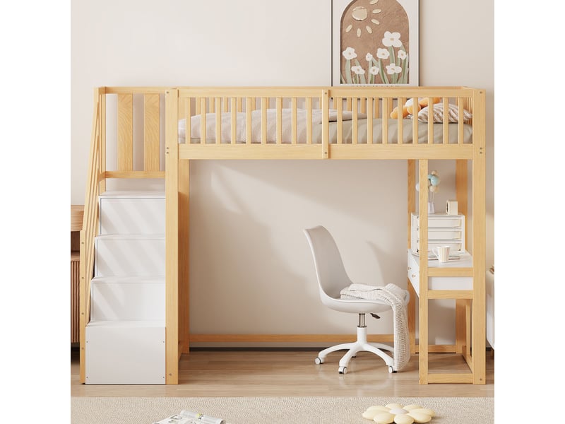  Lit mezzanine blanc et chêne clair 90x200cm avec escalier rangement, structure robuste, pratique - bois massif - pour enfant ado  - Conforama D