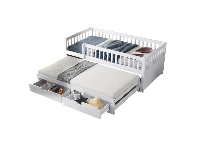  Couchage gigogne, 90x200 cm, avec garde corps de sécurité intégral, 2 tiroirs, matelas non inclus, bois, coloris blanc  - Conforama A