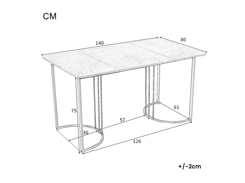  Table à manger rectangulaire grise avec pieds en métal semi-circulaires noirs, plateau à motifs marbre  - Conforama D