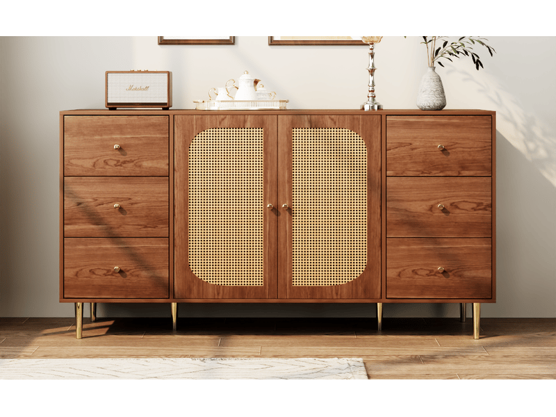 Buffet, porte en rotin synthétique, meuble de rangement avec tiroirs, salon, brun, 160 x 40 x 90 cm - Conforama C