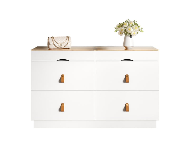  Commode 6 tiroirs, sideboard en verre de sécurité trempé, coiffeuse avec compartiments, stabilité anti-bascule, 120 x 40 x 78 cm, blanc  - Conforama A