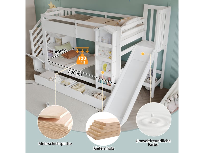  Lit superposé enfant 2 places 90×200 cm, toboggan, 2 tiroirs et escalier rangement  - sans matelas, bois blanc  - Conforama E