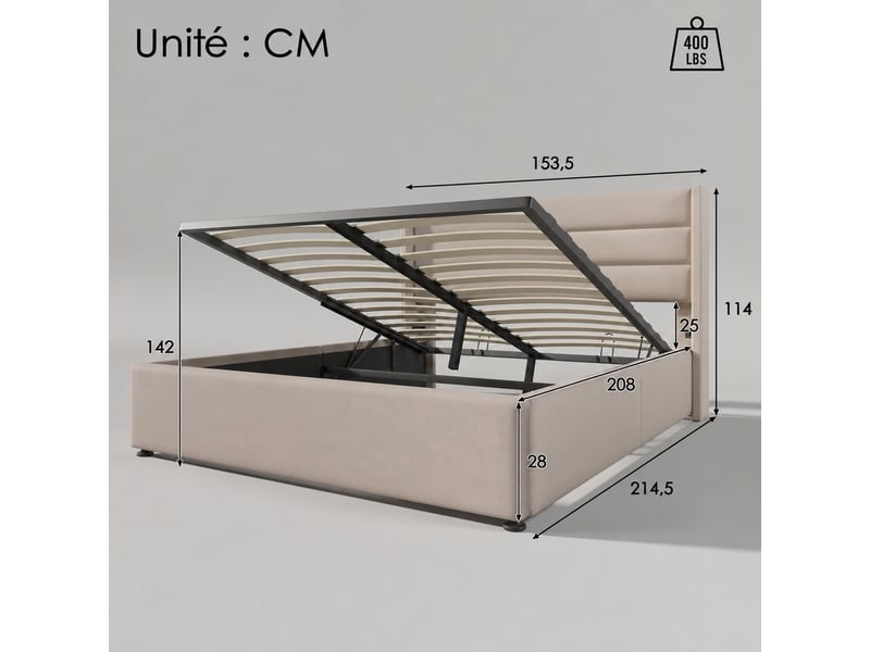  Lit coffre en lin avec sommier relevable hydraulique, beige, 140x200 cm  - Conforama C