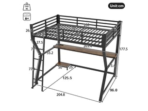 Lit mezzanine 90*200cm, structure en métal et mdf, éclairage led, bureau, port usb, échelle, sans matelas, noir