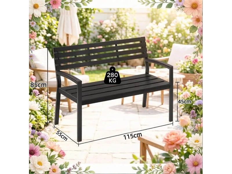  Banc de jardin 115x55x85 cm avec dossier et accoudoirs métal noir  - Conforama E