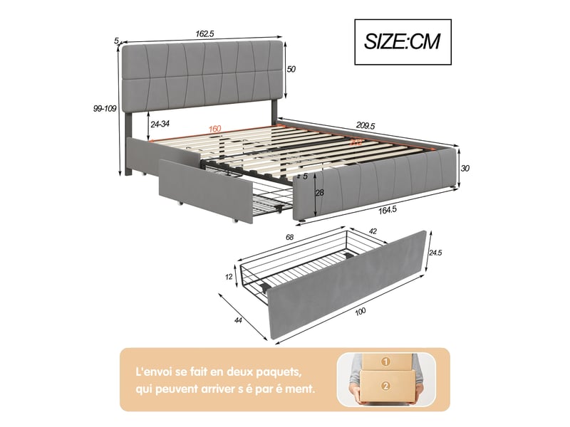  Lit double 160x200 cm,lit capitonné rembourré avec 4 tiroirs,sommier à lattes,lit 2 personnes pour adultes, gris,velours  - Conforama C