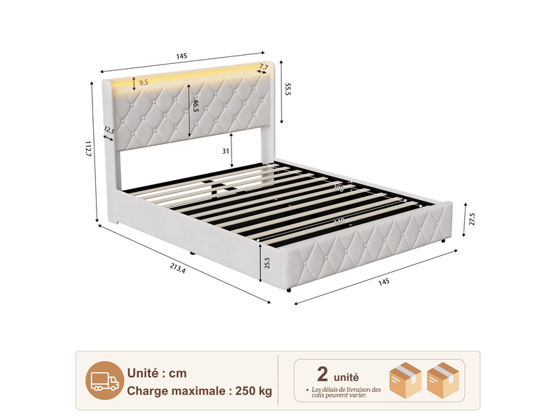  Lit coffre 140x200 cm, lit double rembourré en velours - cadre de lit avec rangement - ports usb et type-c - bandeau led multicolores, lit 2 places capitonné, velours beige  - Conforama C