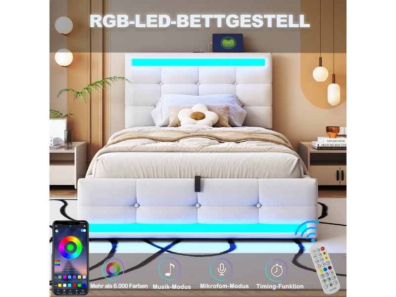  Lit enfant capitonné 90x200 cm en lin beige, rangement hydraulique, led et usb, avec sommier  - Conforama D