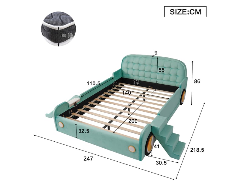  Lit enfant 140 × 200 cm en forme de voiture avec toboggan et escalier réversibles pour chambre 218,5 × 247 × 86 cm  - Conforama C