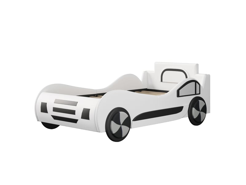  Lit simple enfant voiture 90x200 cm – blanc – rangement hydraulique avec sommier à lattes, sans matelas  - Conforama D