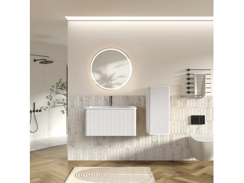  Meuble sous vasque suspendu avec miroir led antibuée, vasque et colonne de rangement pour salle de bain blanc  - Conforama B