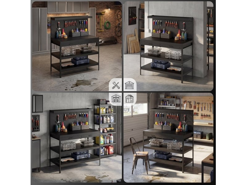 Établi 122x61x156 cm avec panneaux perforés et 2 tiroirs métal et mdf noir - Conforama C