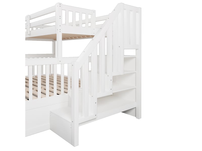 Lit superposé 90x200 et 140x200 cm avec coffre hydraulique et escalier de rangement, en pin et mdf, blanc et naturel - Conforama W