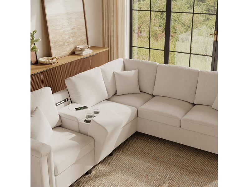  Canapé d'angle 5 places 235x208x83 cm avec rangement, porte-gobelets, ports usb et type-c, couleur beige  - Conforama E