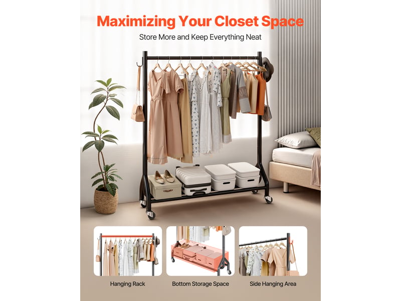  Vevor portant a vetements avec roulettes, porte-manteau robuste en acier carbone avec barre de suspension et crochets lateraux, charge de 90 kg, penderie a vetements pour chambre, buanderie, salon  - Conforama B