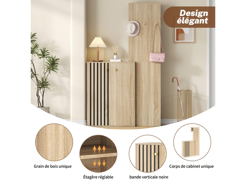  Meuble d'entrée multifonction avec penderie et range-chaussures, portes à stripes verticales, design moderne avec crochets et étagères  - Conforama D