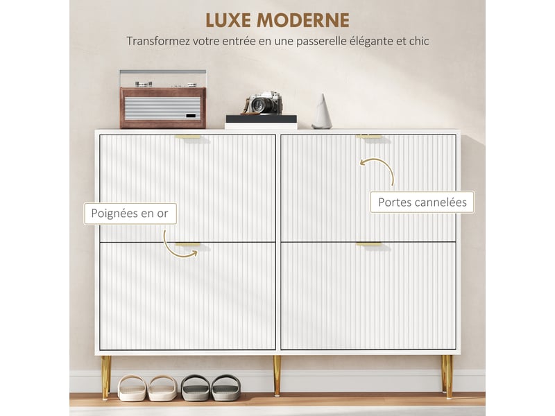 Meuble à chaussures 20 paires avec 4 tiroirs rabattables, portes cannelées et étagères réglables, 105x24x91,5cm, blanc - Conforama E