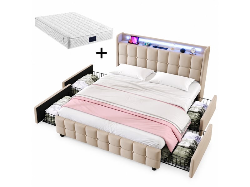  Lit double rembourré 160 x 200 cm, tête de lit led, 2 usb + 2 prises, 4 tiroirs, sommier à lattes, matelas h3 inclus, beige  - Conforama A