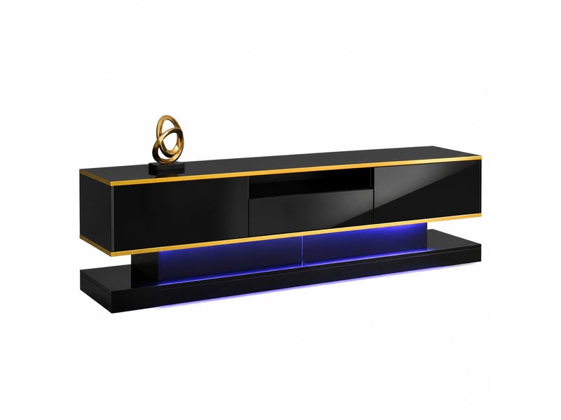 Meuble tv moderne 180 x 38 x 45 cm – noir et doré – 3 tiroirs, niche ouverte et led multicolore  - Conforama A