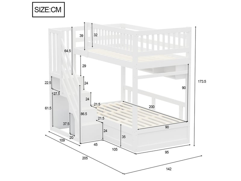  Lit mezzanine  90×200, escalier rangement, mécanisme hydraulique, étagère, led, prises eu, barrières hautes, blanc  - Conforama C