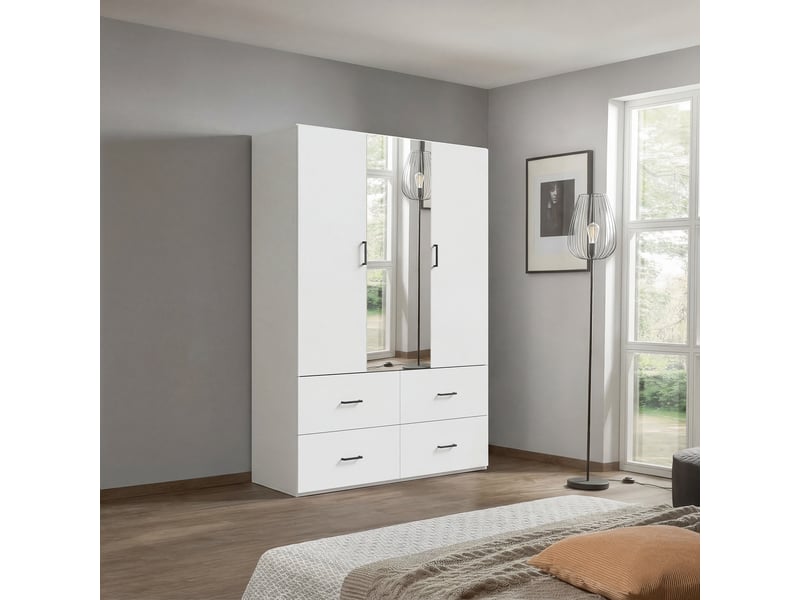 Armoire - 130x51,8x181,5cm - armoire de chambre avec miroir central, 2 portes et 4 tiroirs - blanc - Conforama D