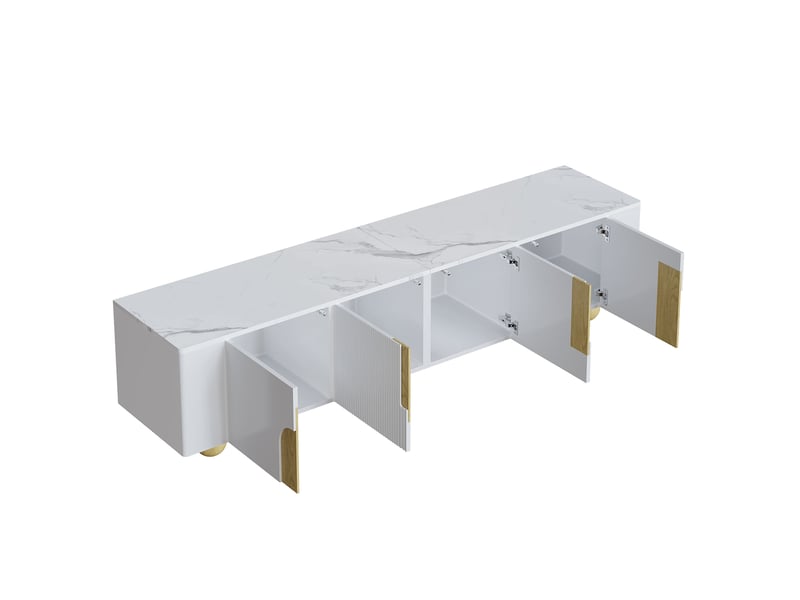  Meuble tv blanc 180 cm, 4 portes, effet marbre, pieds sphériques en bois, design élégant  - Conforama D