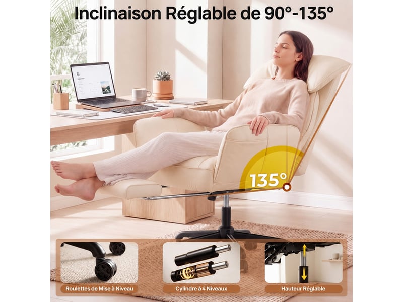 Dowinx fauteuil gaming ergonomique blanc crème avec massage, ressorts ensachés, réglages multiples, revêtement en similicuir pu, grand format  - Conforama D