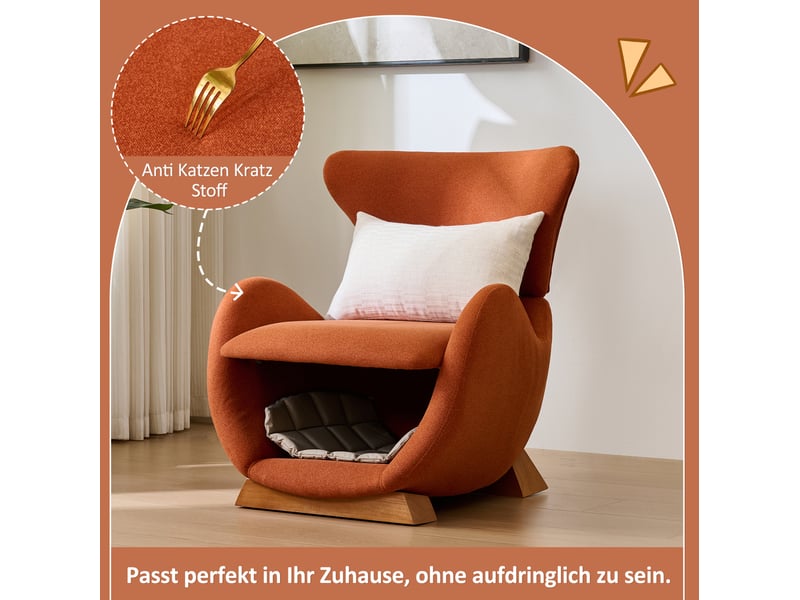 Fauteuil lounge moderne 66x55x76 cm, requin-baleine, niche intégrée, bois, tissu résistant anti-rayures rouge brique  - Conforama D