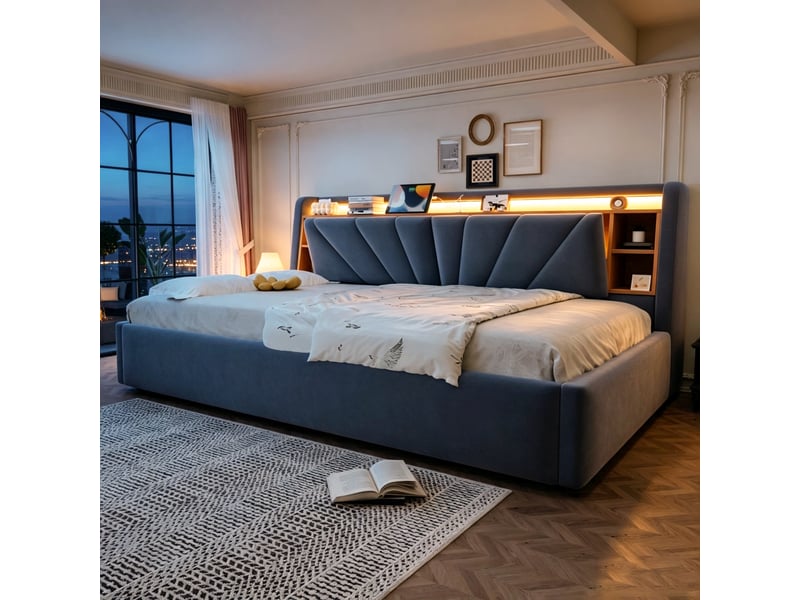  Lit coffre rembourré 90 x 200 cm – avec étagères – avec espaces de rangement – ​​avec éclairage led et port usb – gris foncé (matelas non inclus)  - Conforama B