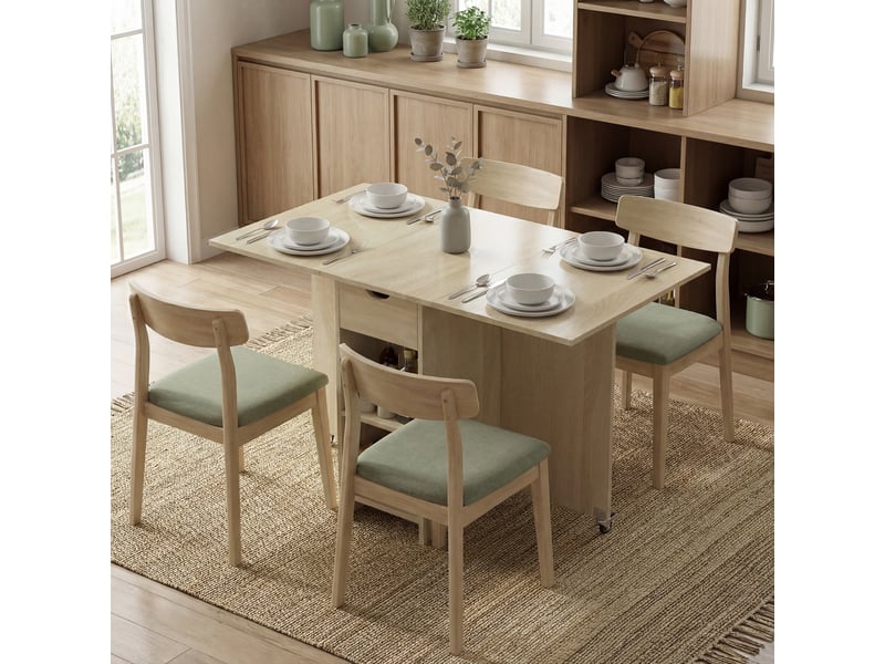  Table de salle à manger pliante pour 2 à 4 personnes, table roulante avec compartiment ouvert et tiroir, idéale pour les petits espaces, naturelle  - Conforama D